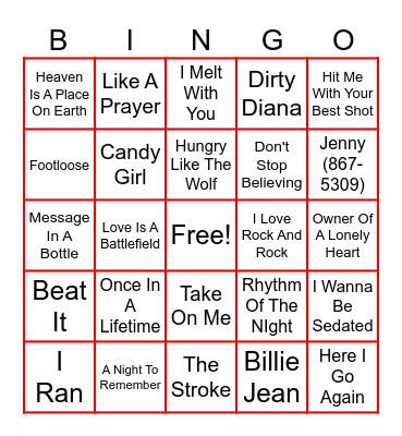 Centre Ice 80's Bingo Card