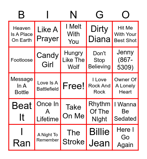 Centre Ice 80's Bingo Card