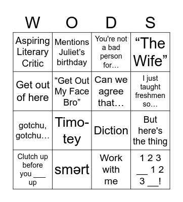 Diction in the Woods Bingo Card