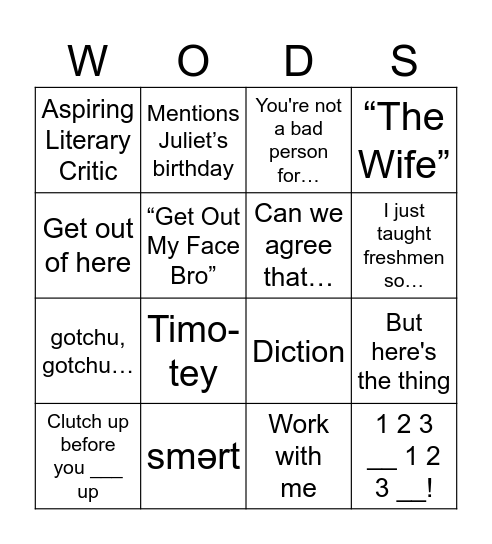 Diction in the Woods Bingo Card