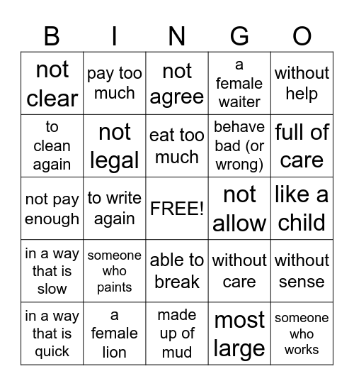 Prefixes and Suffixes Bingo Card