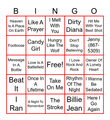 80's songs 2 Bingo Card