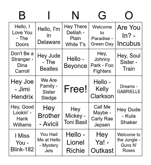 Hello Song Bingo Card