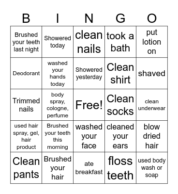 Hygiene Bingo Card