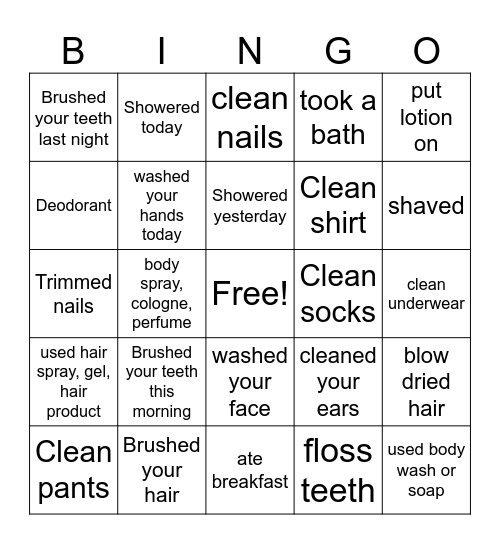 Hygiene Bingo Card