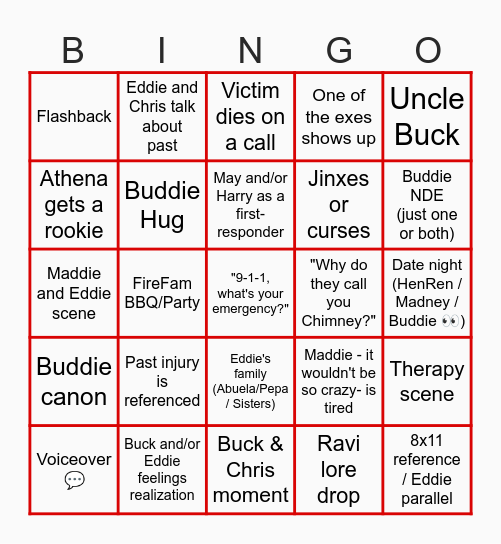 9-1-1 S9 Bingo Card