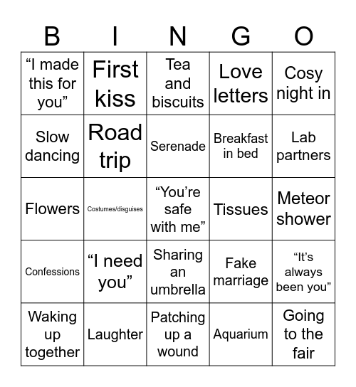 November Prompt Month - Fluff and Shippy Bingo Card
