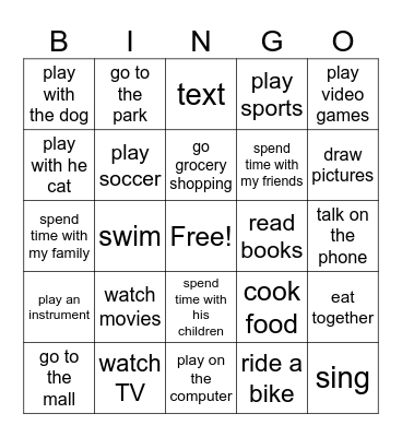 Interests Bingo Card