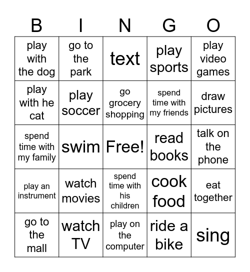 Interests Bingo Card
