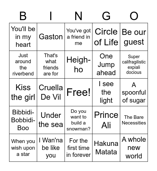 Disney Bingo Card
