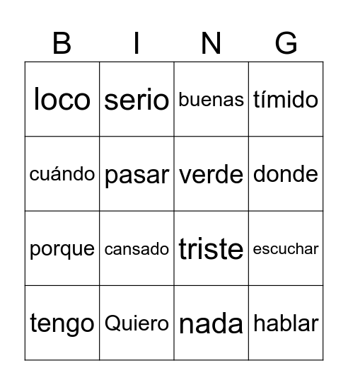 No Puedo Bingo Card