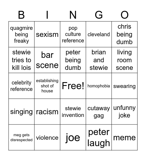 Family Guy Bingo Card