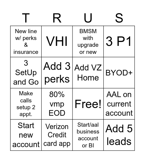 1st Month Turn Up Bingo Card