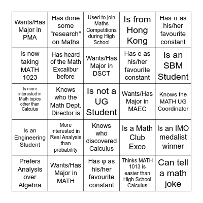 Welcome Dinner Bingo Card