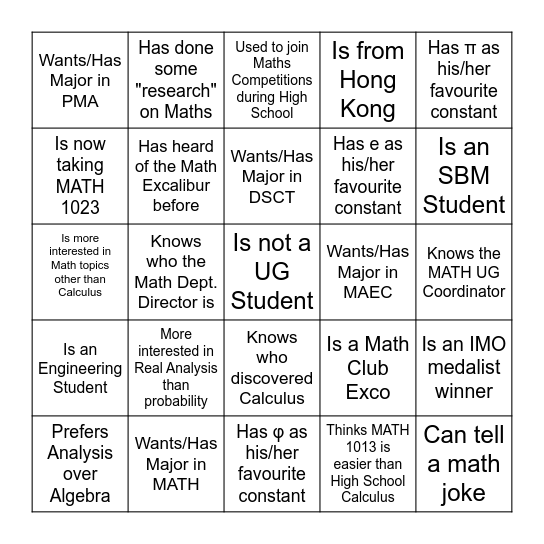 Welcome Dinner Bingo Card