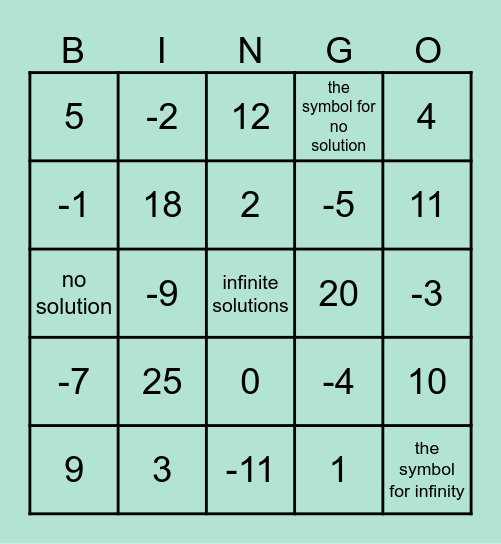 Integers Bingo Card