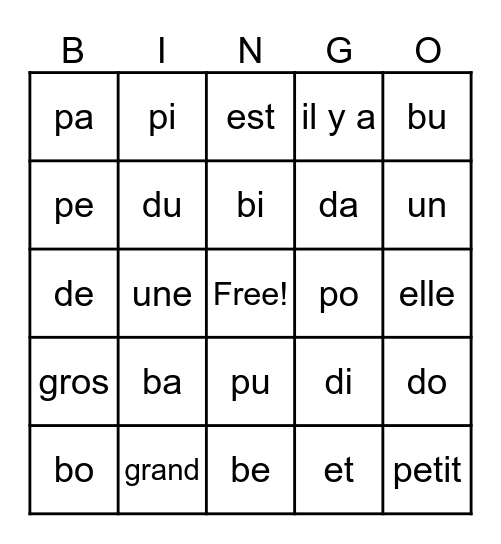 Les sons B, P, D Bingo Card