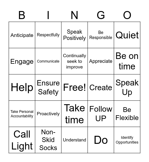 Experience Behavior Bingo Card