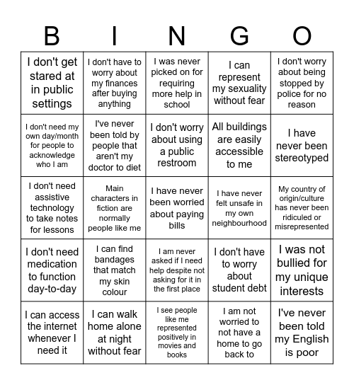 Privilege Bingo Card