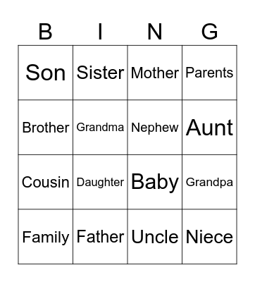 Family Member Bingo Card