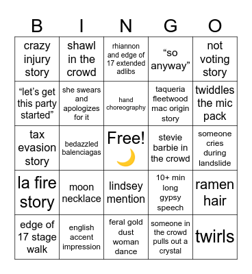 Stevie Nicks Show Bingo ✨ Bingo Card