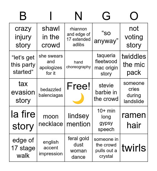 Stevie Nicks Show Bingo ✨ Bingo Card