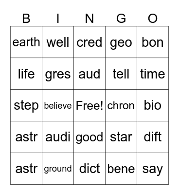Root Words! Bingo Card