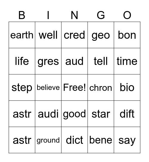 Root Words! Bingo Card