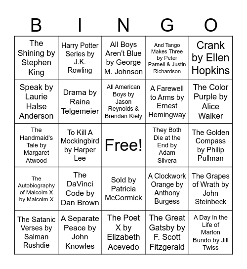 Banned Books Bingo Card