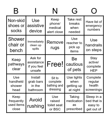 Fall Prevention Bingo Card