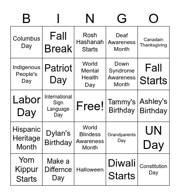 October Holidays Bingo Card
