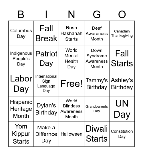 October Holidays Bingo Card