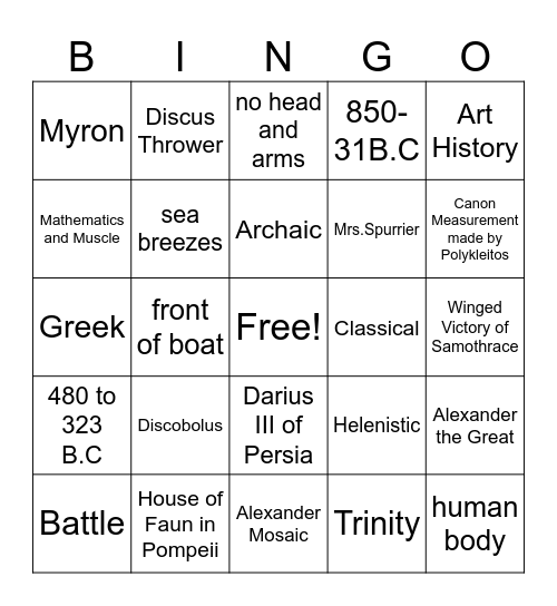 Art History Bingo - Greek Bingo Card