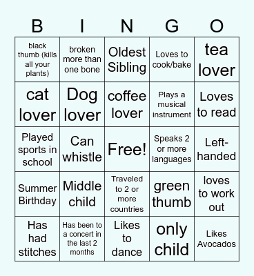 Get To Know You... Bingo Card