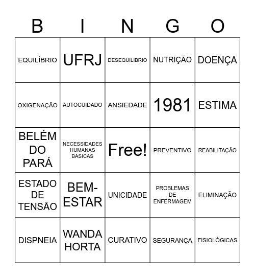 Bingo - Teoria de Wanda Horta Bingo Card