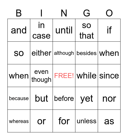 Conjunctions Bingo Card