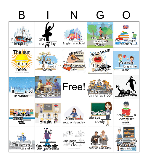 Simple Present Bingo 1 with sentences/blanks Bingo Card
