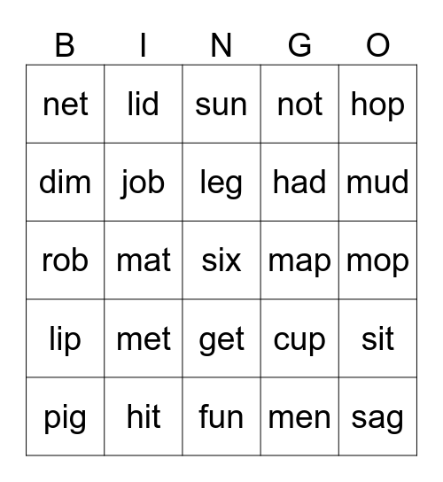 Short Vowel Review Bingo Card