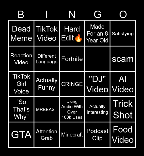 YouTube Shorts Bingo Card