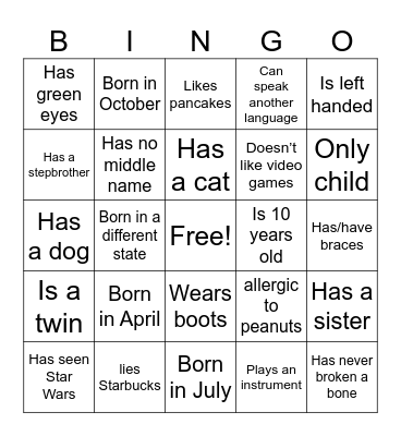 Get to know me! Bingo Card
