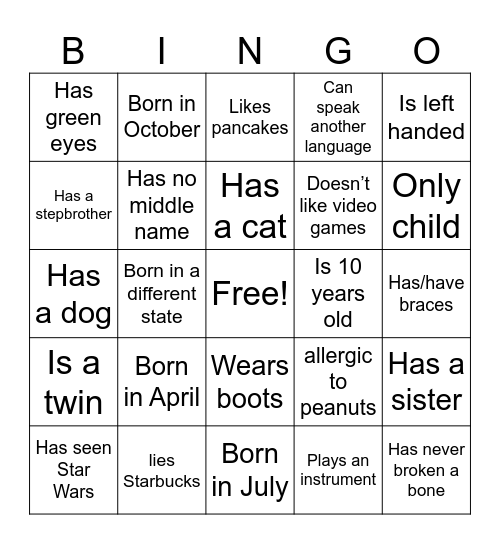 Get to know me! Bingo Card