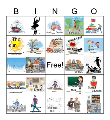 Tenses: present continuous Bingo 1 with sentences and blanks Bingo Card