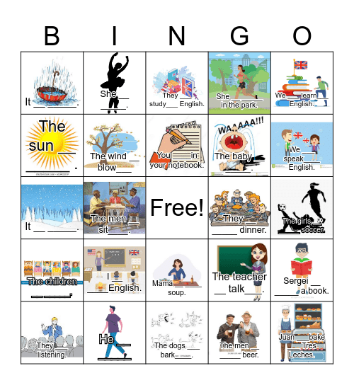 Tenses: present continuous Bingo 1 with sentences and blanks Bingo Card