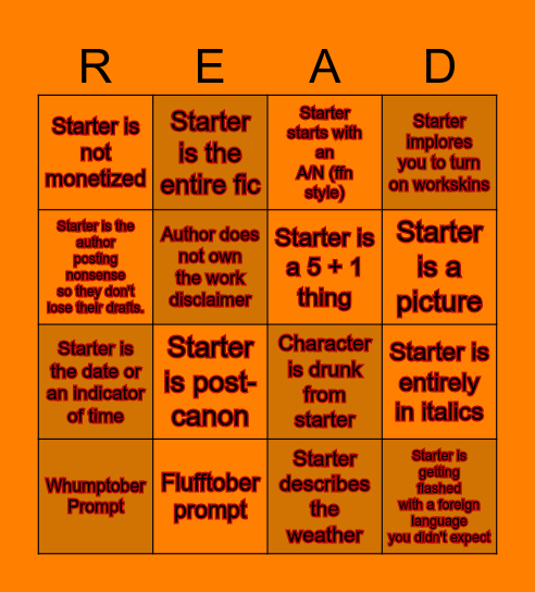 Spooky Starter Sheet Bingo Card