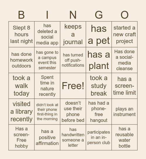 Non-Digital Wellness Bingo Card