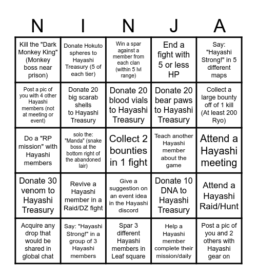 HAYASHI NINJA BINGO! Bingo Card