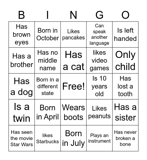 Get to know me! Bingo Card
