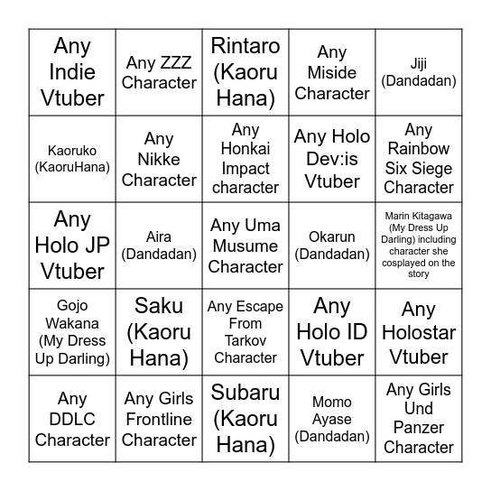 CF21 Cosplay Bingo Card