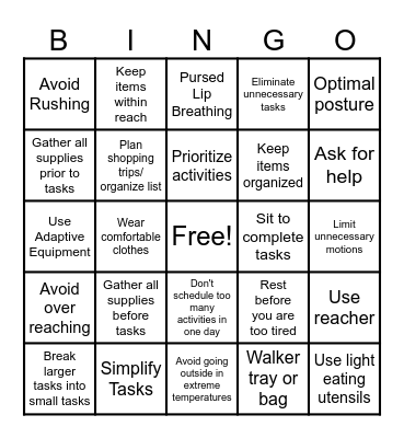 Energy Conservation Bingo Card