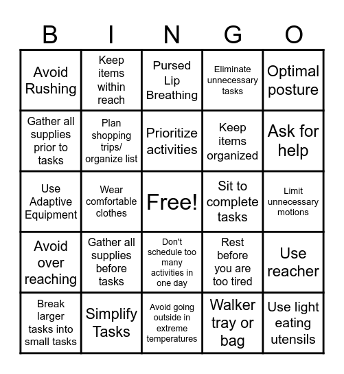 Energy Conservation Bingo Card